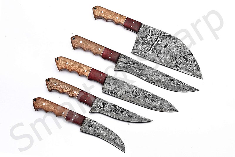 Smart & Sharp Custom Handmade Damascus Chef Knives Set/Kitchen Knives 5 Pieces Set SS-17210 and 17211 Poplar Wood (Poplar Wood) - Image 2
